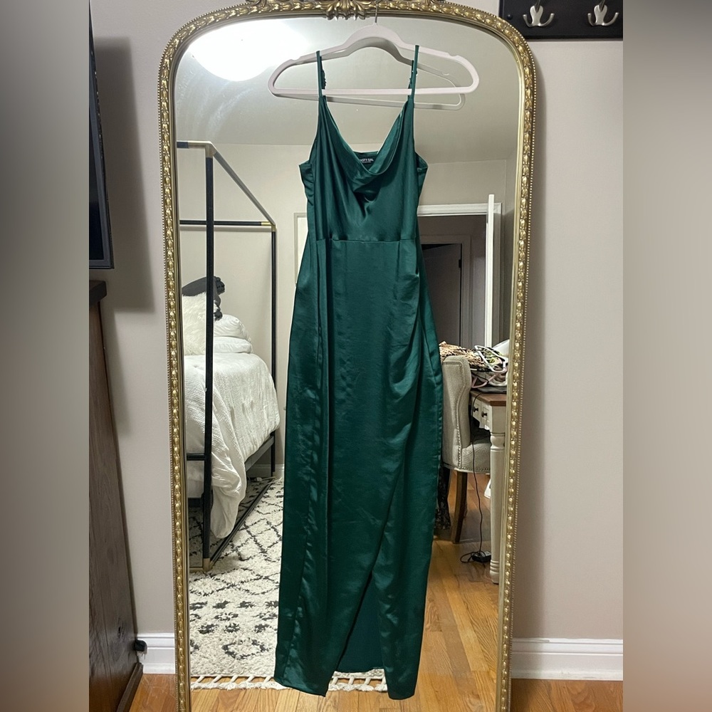 Mid-length dark green wedding guest dress with slit